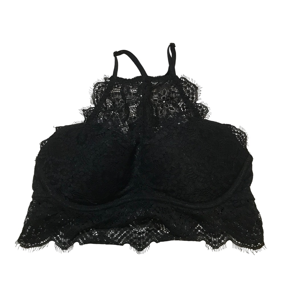PINK Victoria's Secret Black Floral Lace High Neck Push-Up Bralette Small AA-C